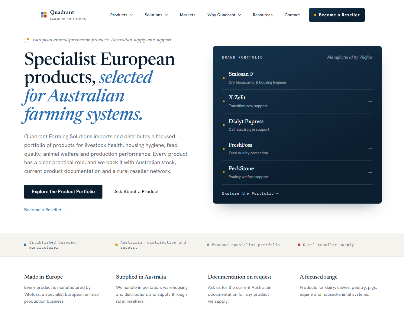 Quadrant Farming Solutions website home page with brand portfolio panel