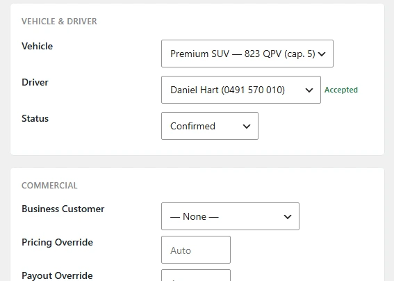 Booking controls for vehicle, driver, status, business customer and pricing overrides
