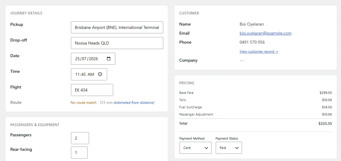 Individual booking screen showing journey details, customer record and itemised pricing, seeded demonstration data