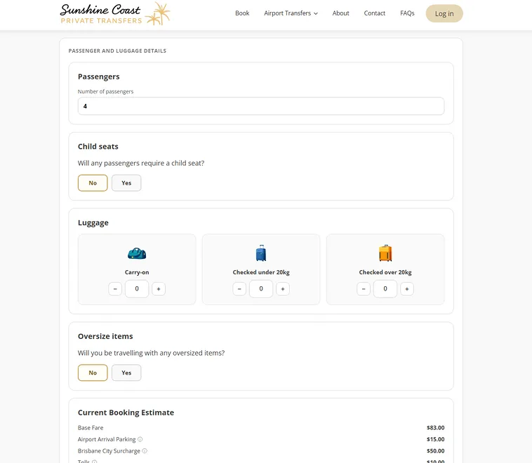 Booking flow step showing passengers, luggage and a live fare estimate