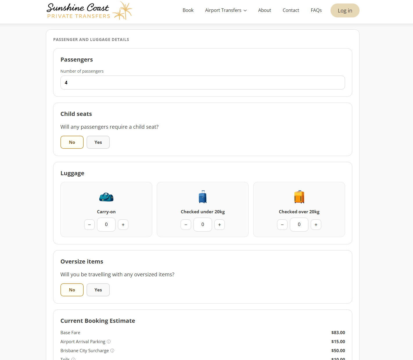 Booking flow step showing passengers, luggage and a live fare estimate