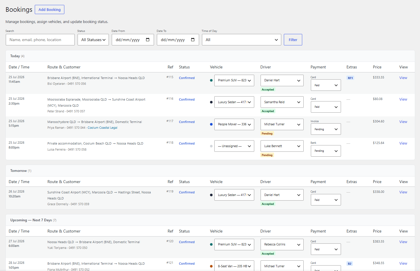 Bookings management table with filters, statuses, vehicle and driver assignment and payments, seeded demonstration data