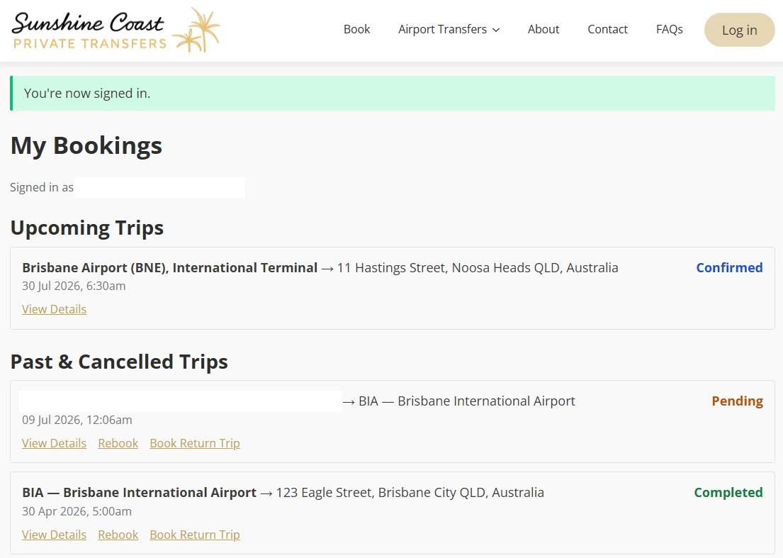 Customer dashboard listing upcoming, past and cancelled trips with statuses and rebooking actions, personal details removed