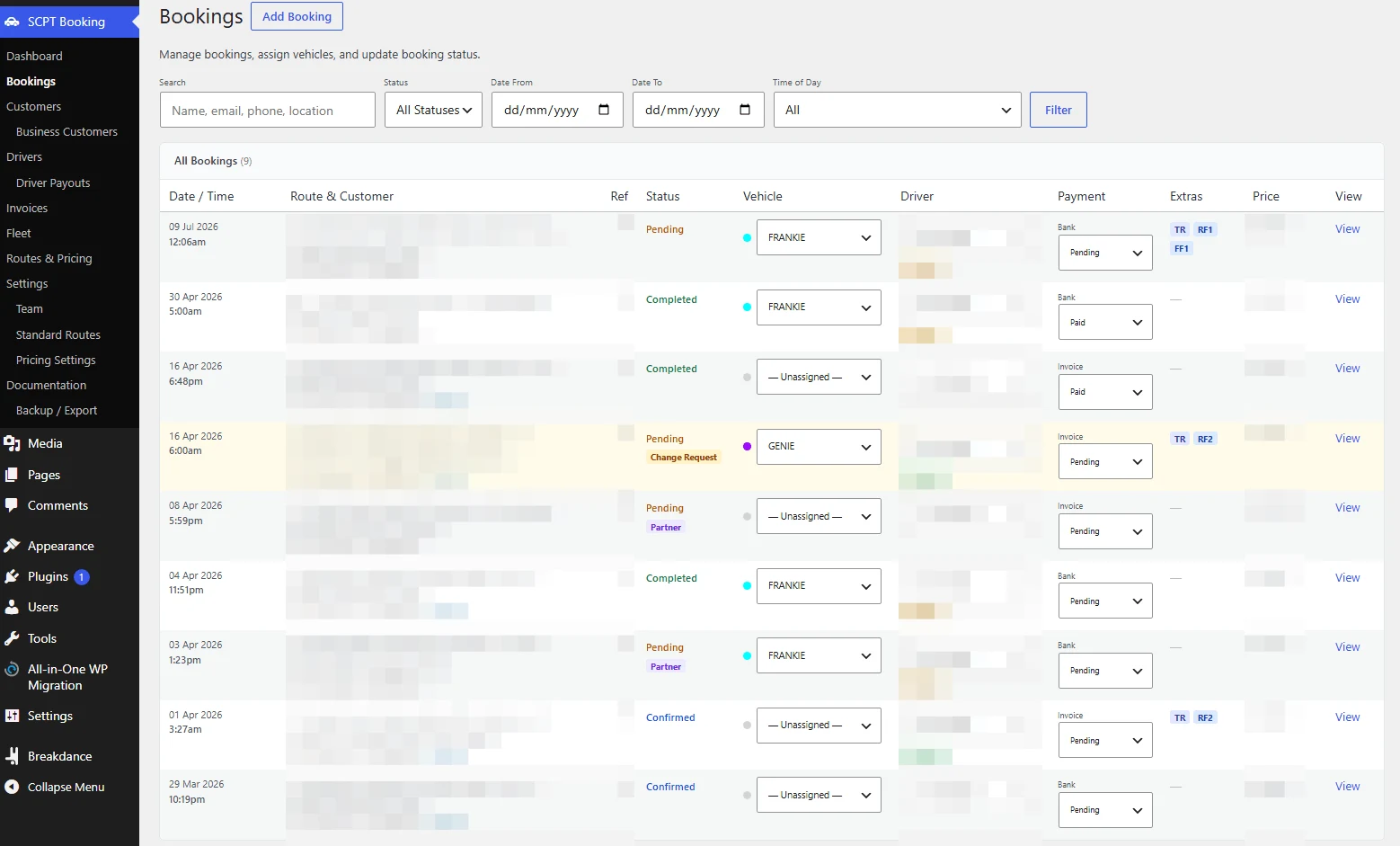 Transfer booking management dashboard, demonstration data obscured