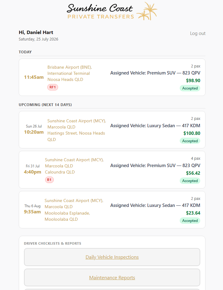 Driver portal listing today's and upcoming assigned jobs with vehicles and payouts, seeded demonstration data