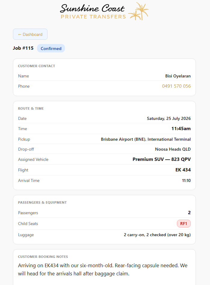 Driver job view with customer contact, route, assigned vehicle, flight, passengers, luggage and booking notes, seeded demonstration data