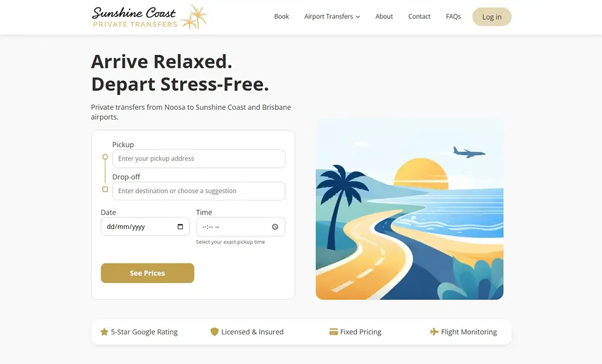 Sunshine Coast Private Transfers website with instant booking widget