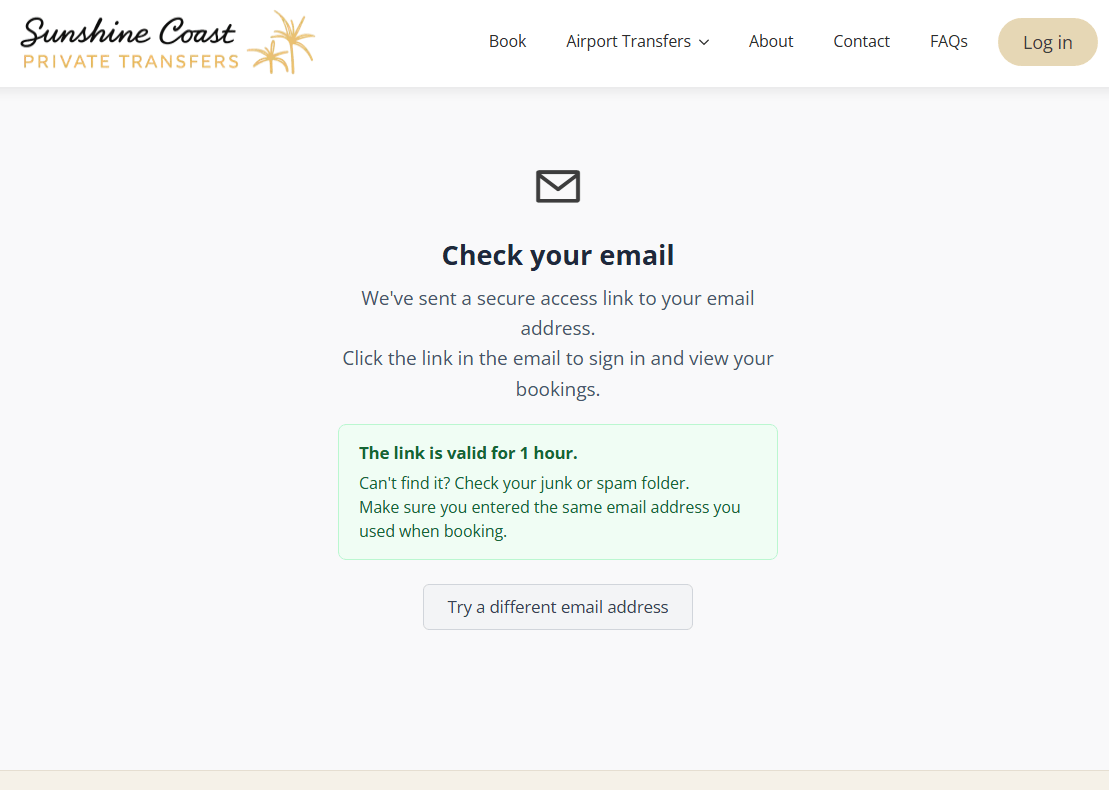 Confirmation screen telling the customer a secure access link has been emailed and is valid for one hour