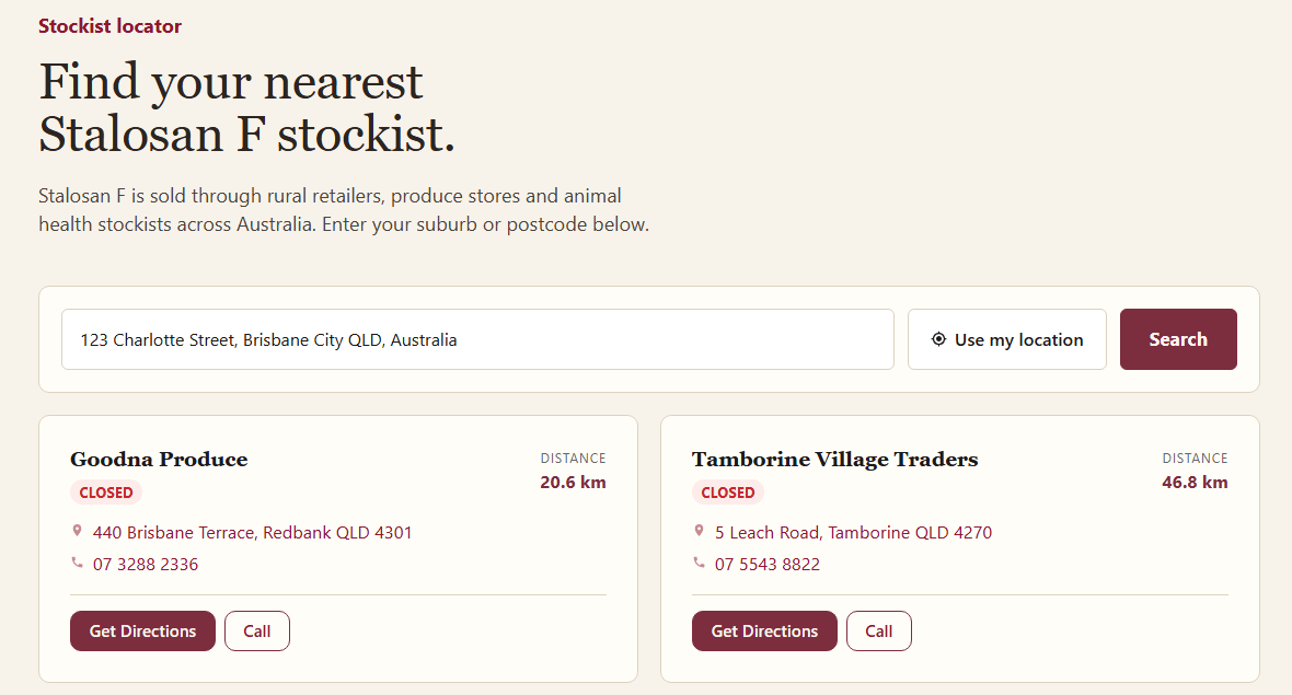 Stalosan F stockist locator showing nearby stockists