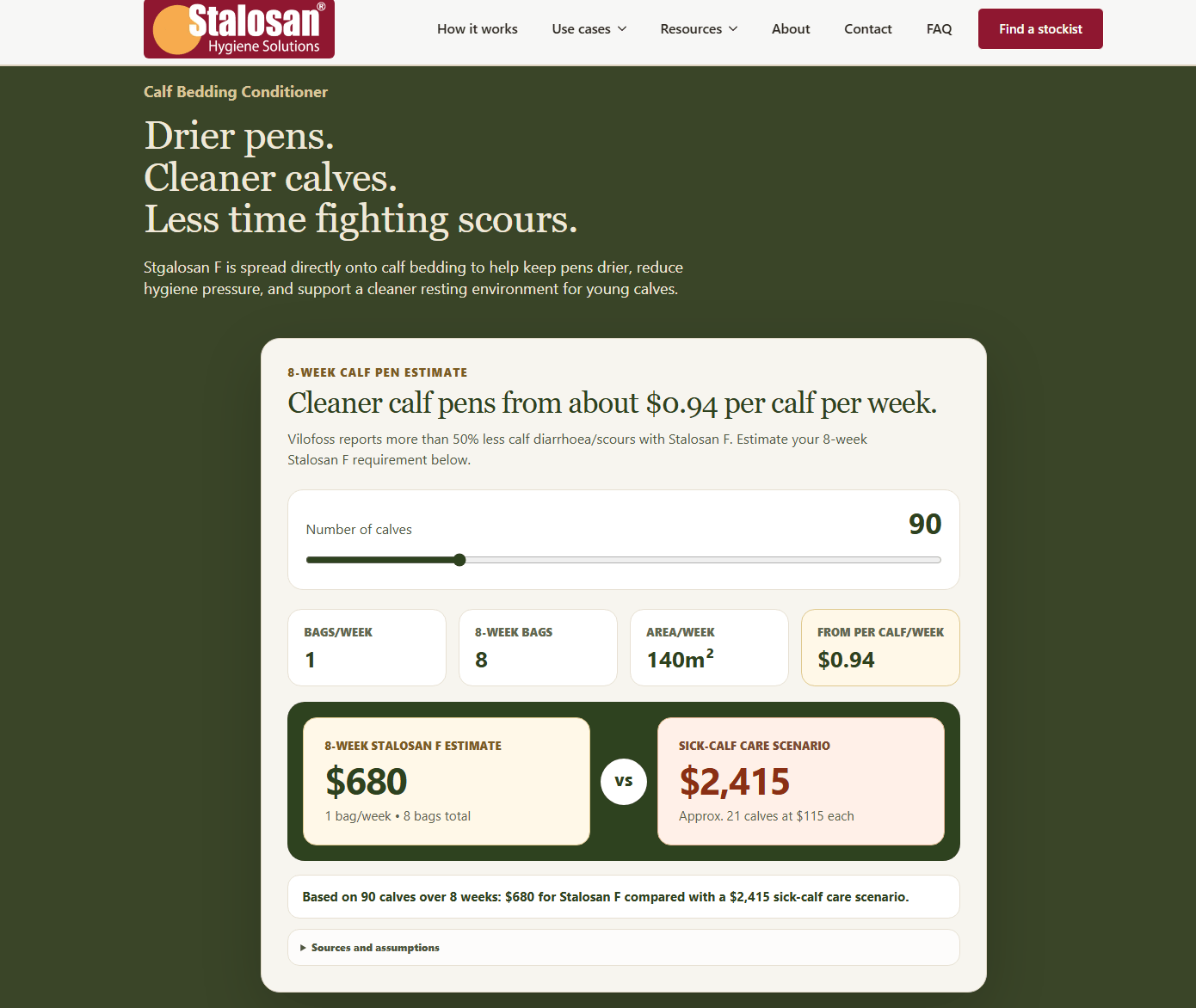 Stalosan F calf pen cost calculator with live estimate