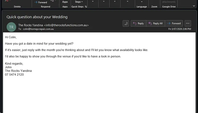 Automated follow-up email sent after an estimate is requested, showing the summary and next step