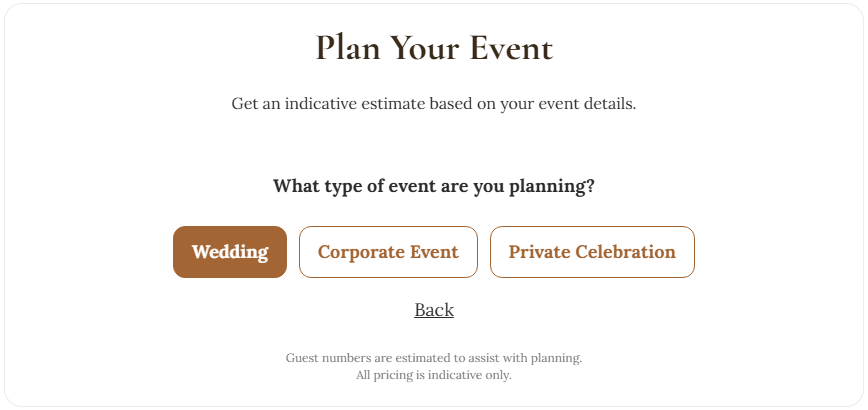 Plan Your Event step asking what type of event is being planned, with wedding selected