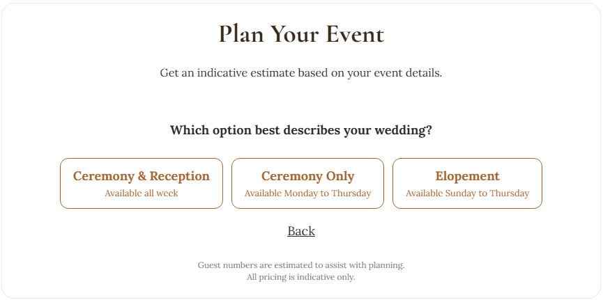 Plan Your Event step offering ceremony and reception, ceremony only or elopement options