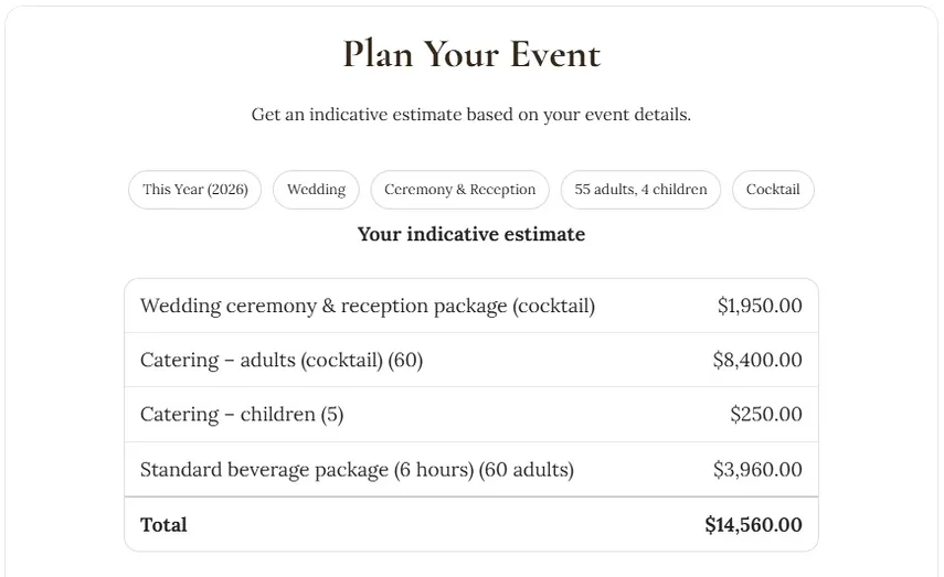 Instant estimate screen from The Rocks Yandina pricing tool, itemising the selected event options