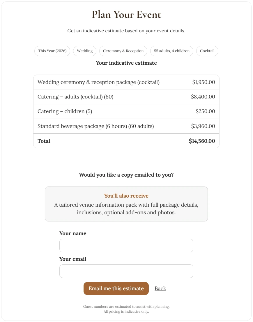 Plan Your Event instant estimate itemising packages and catering with a total, and an option to email the estimate
