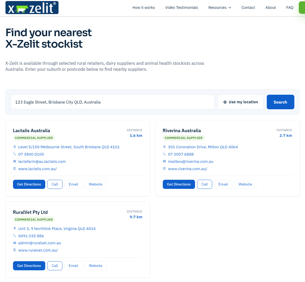 X-Zelit stockist locator showing nearby rural suppliers for an entered Brisbane address