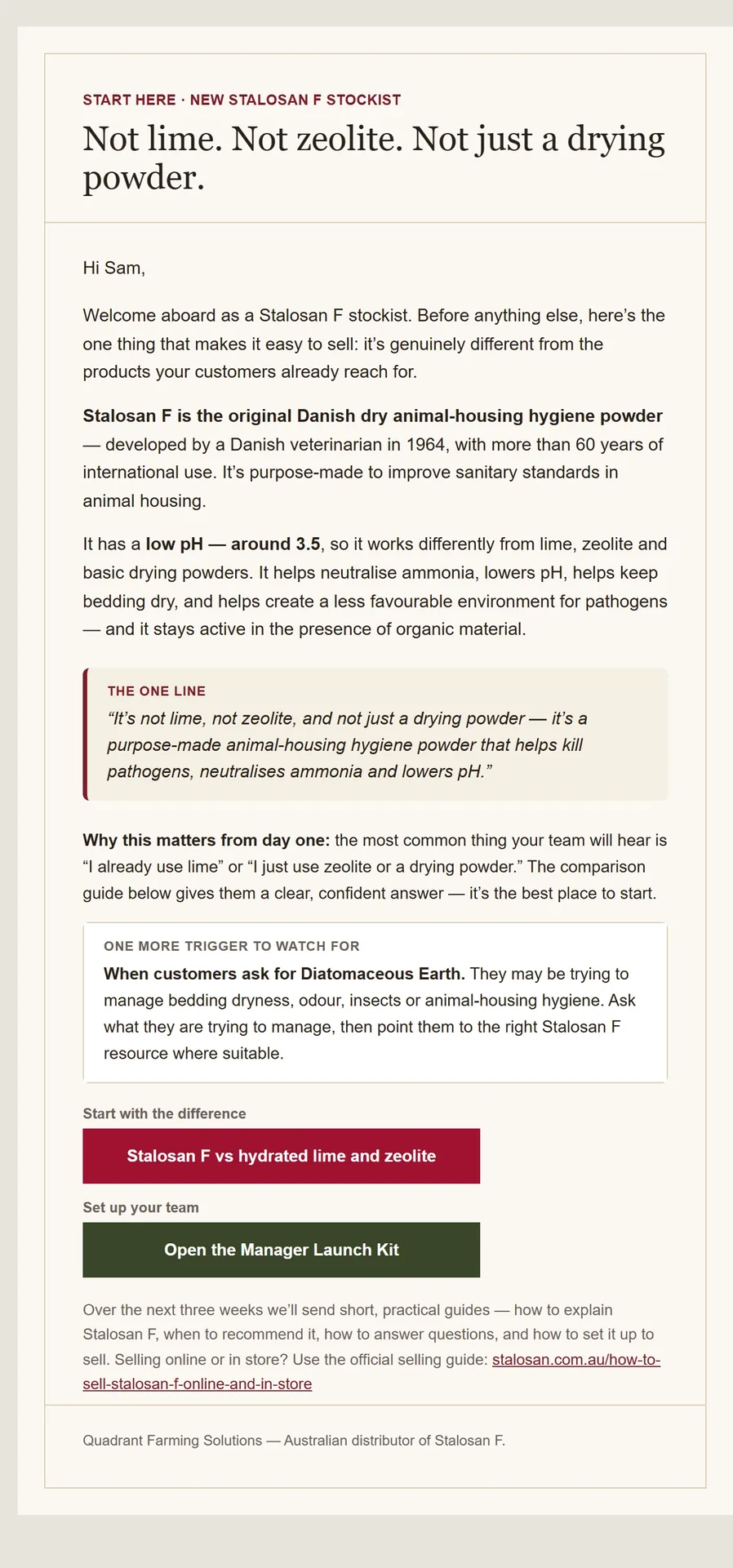 First email in the automated stockist onboarding sequence, introducing the product range to a new stockist